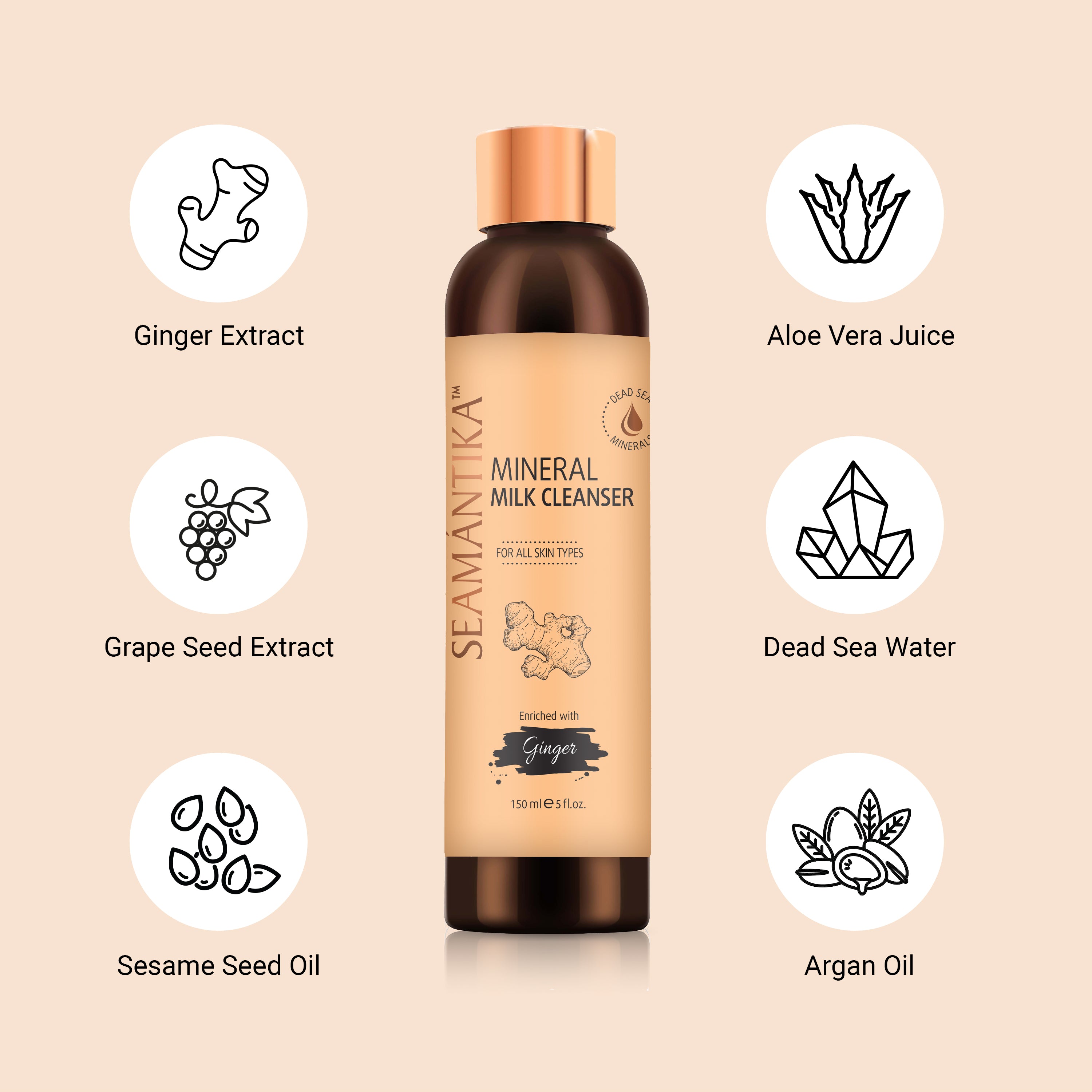 Lait Nettoyant Minéral – Extrait de Racine de Gingembre – Pour Tous Types de Peau